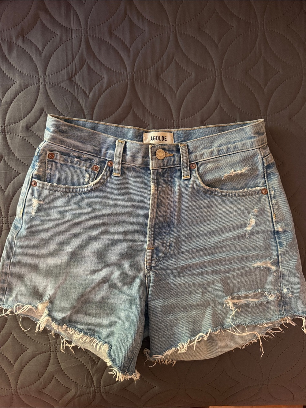 Agolde Light Blue Frayed High-Rise Denim Shorts